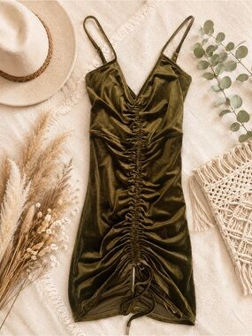 Ruched Olive Velvet Mini Dress with Spaghetti Straps